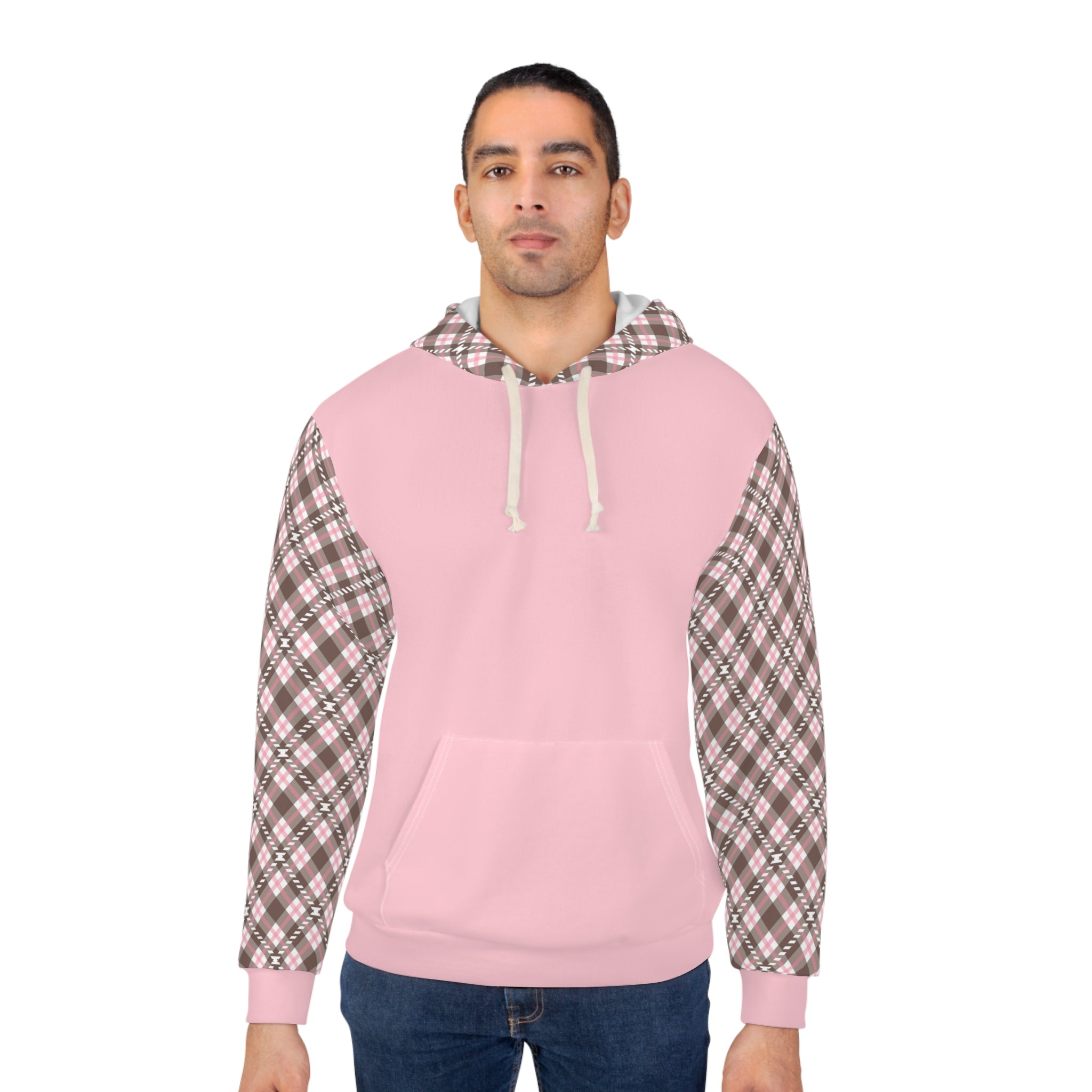Women's Pink Plaid Warm Pullover Hoodie (AOP)