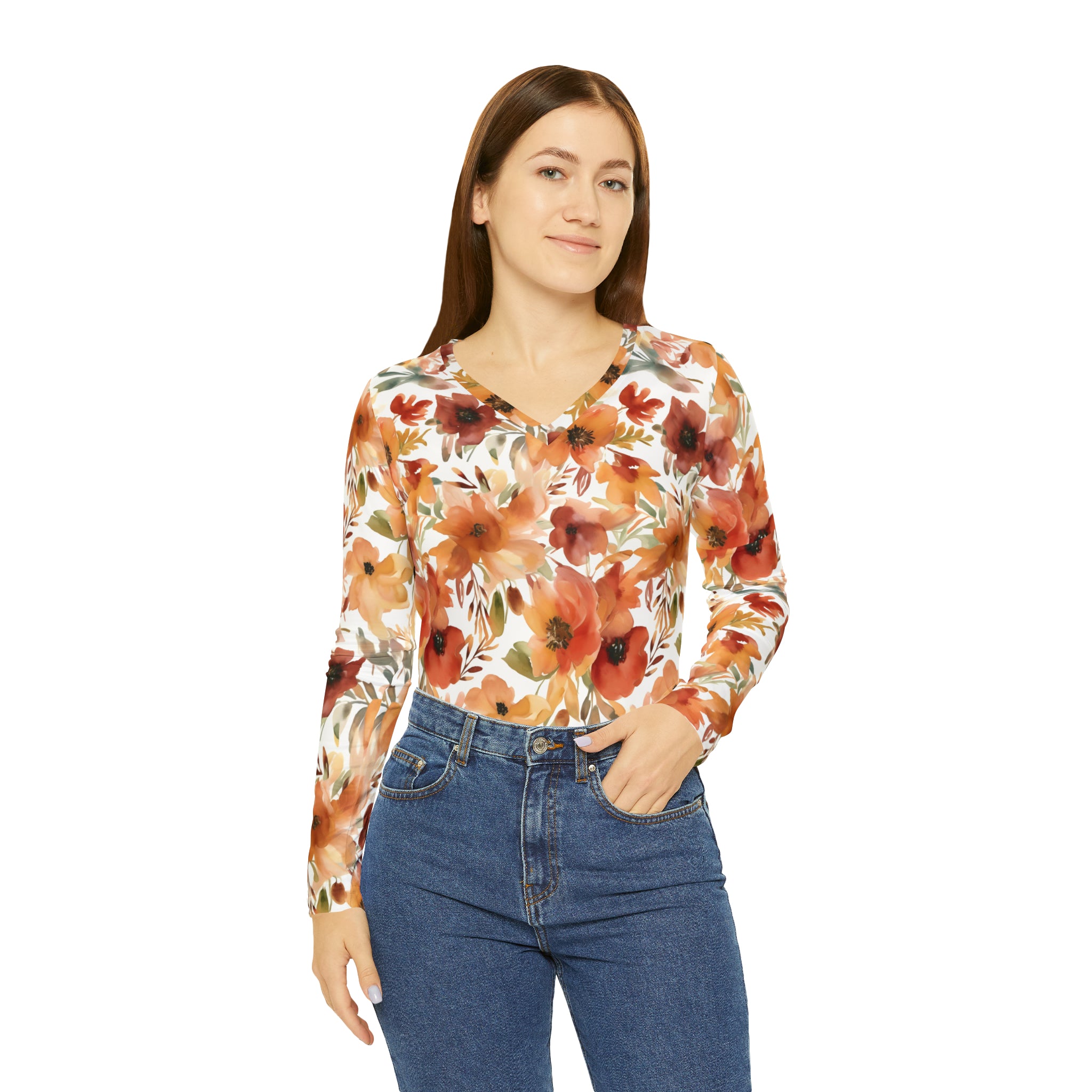 Lovely Fall Floral Women's Long Sleeve V-neck Shirt (AOP)