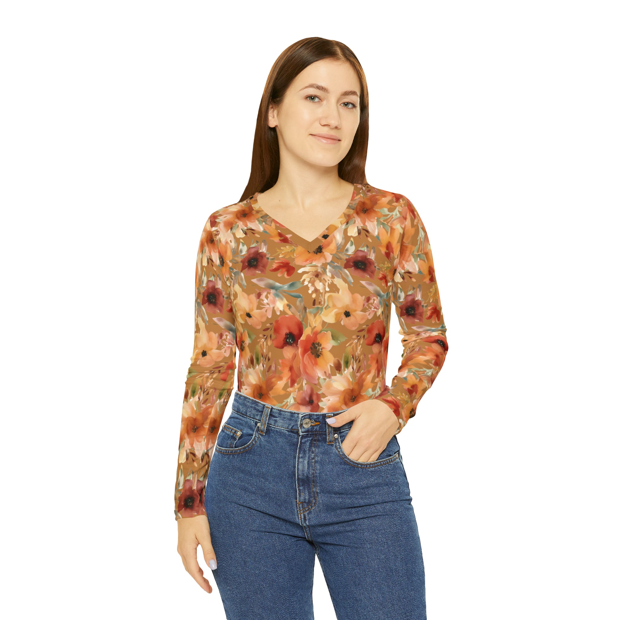 Lovely Fall Floral Women's Long Sleeve V-neck Shirt (AOP)