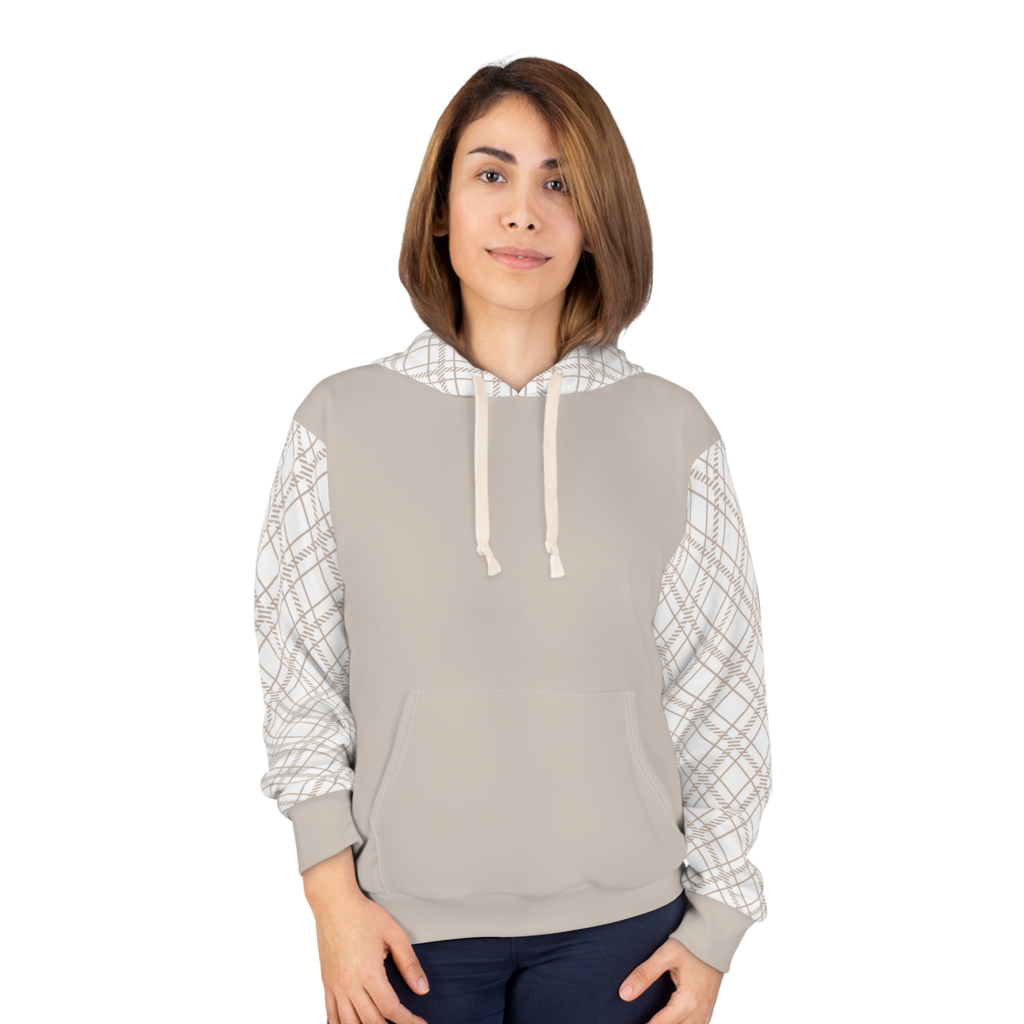 Taupe and Plaid Warm Unisex Pullover Hoodie (AOP)