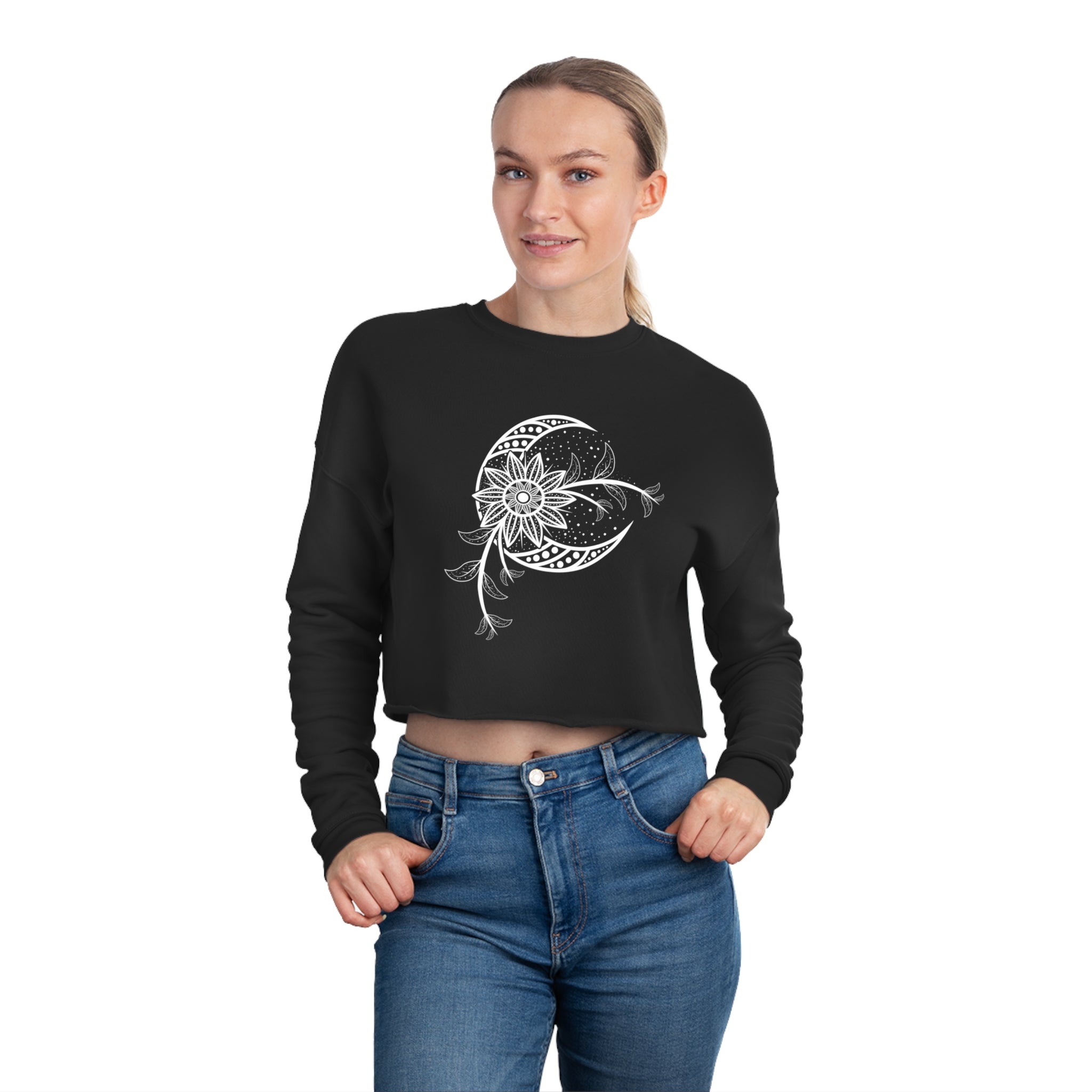 Hand Drawn Mystical Moon Flower Women's Cropped Sweatshirt