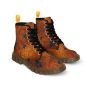 Women's Leather Look Brown With Blue Stars Canvas Boots