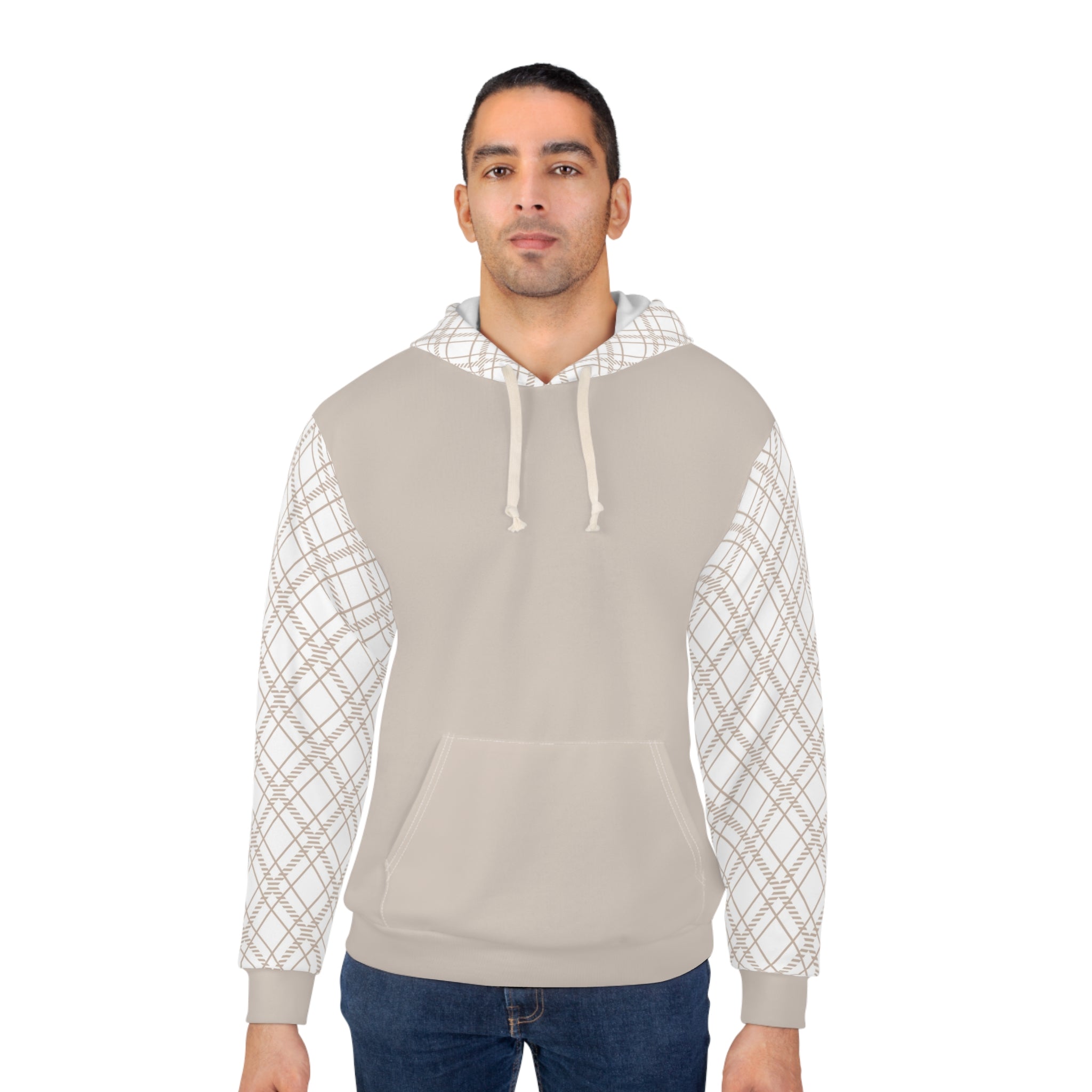 Taupe and Plaid Warm Unisex Pullover Hoodie (AOP)