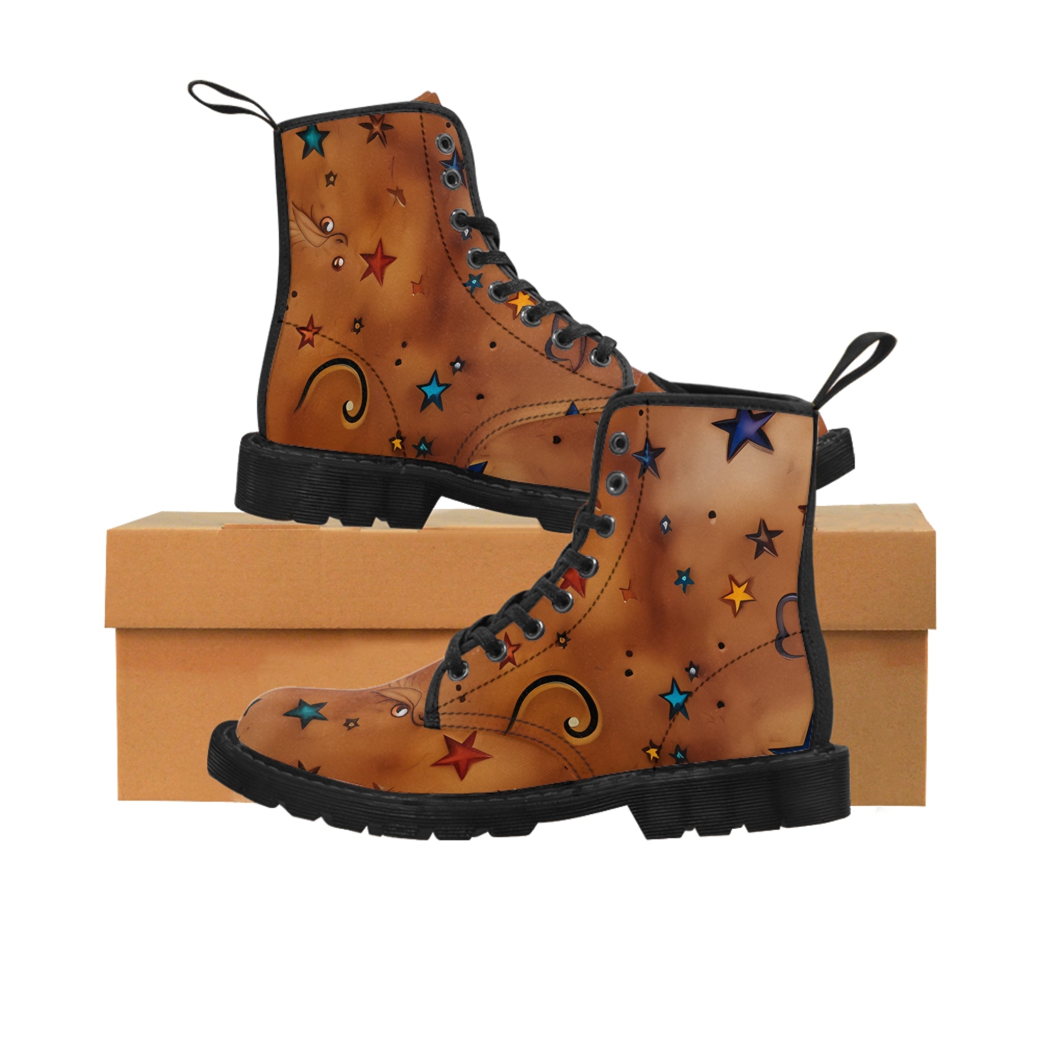 Women's Leather Look Brown With Stars Canvas Boots