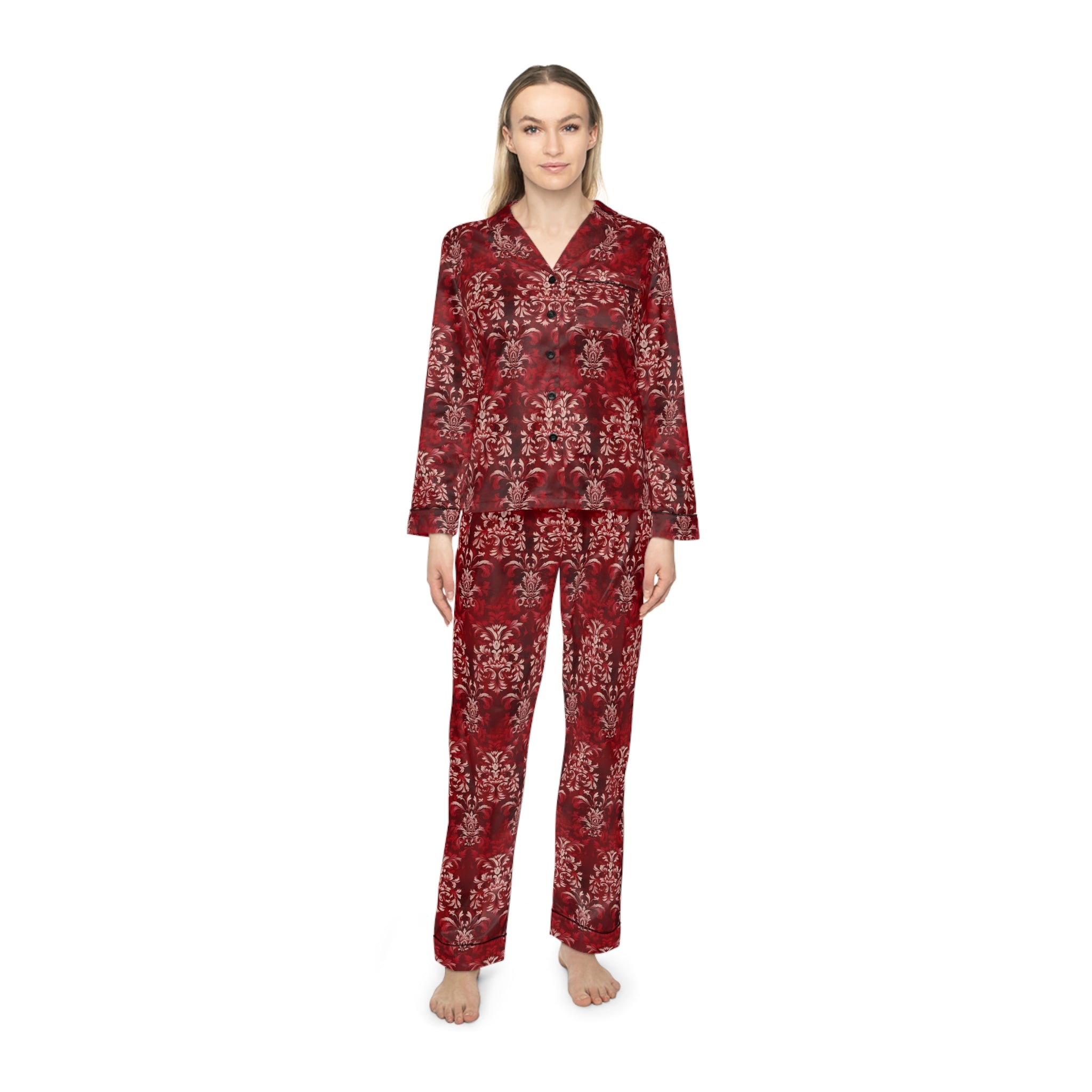 Beautiful Vintage Red Patterned Women's Satin Pajamas (AOP)