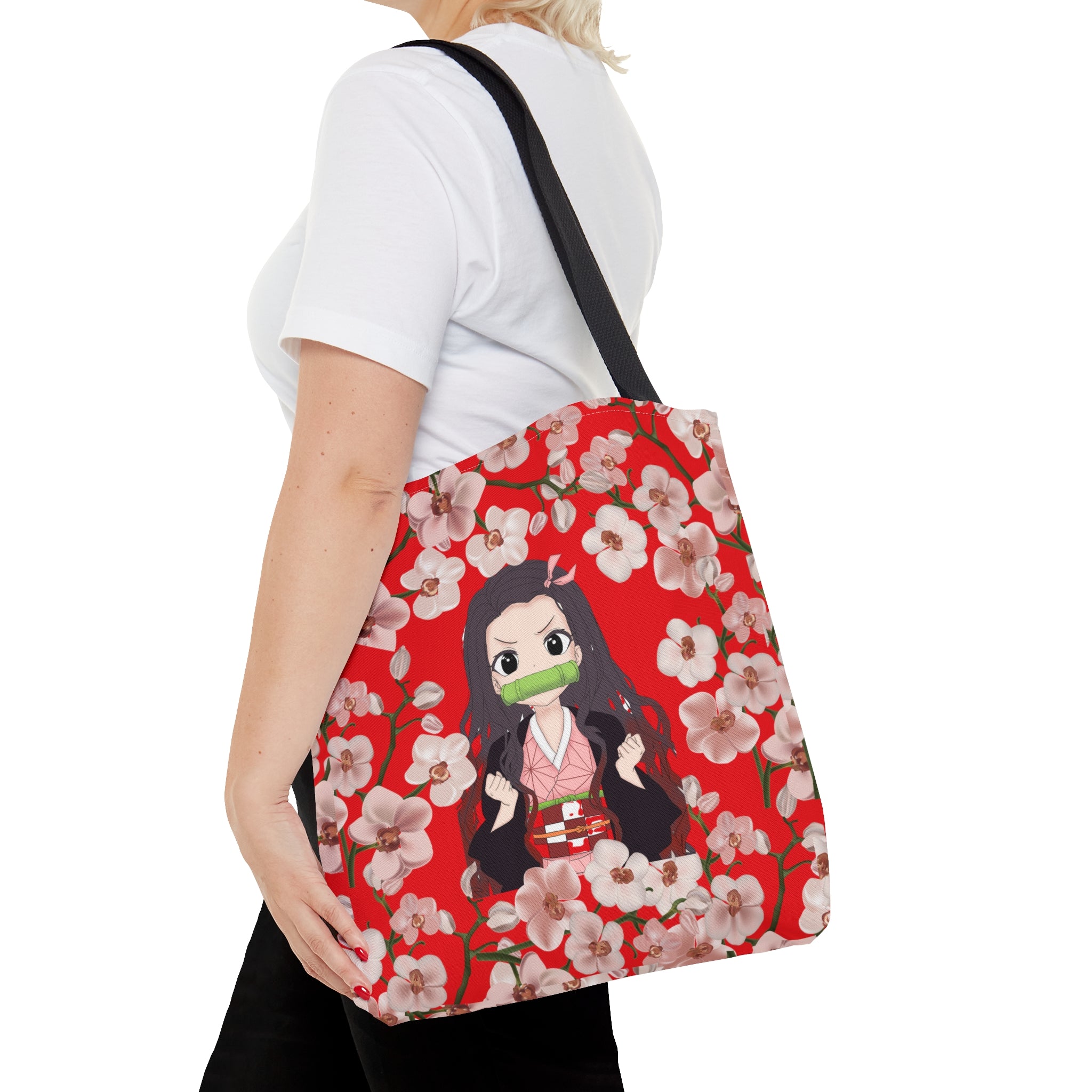 Red Retro Floral Pattern Tote,  Japanese Anime Style Tote Bag