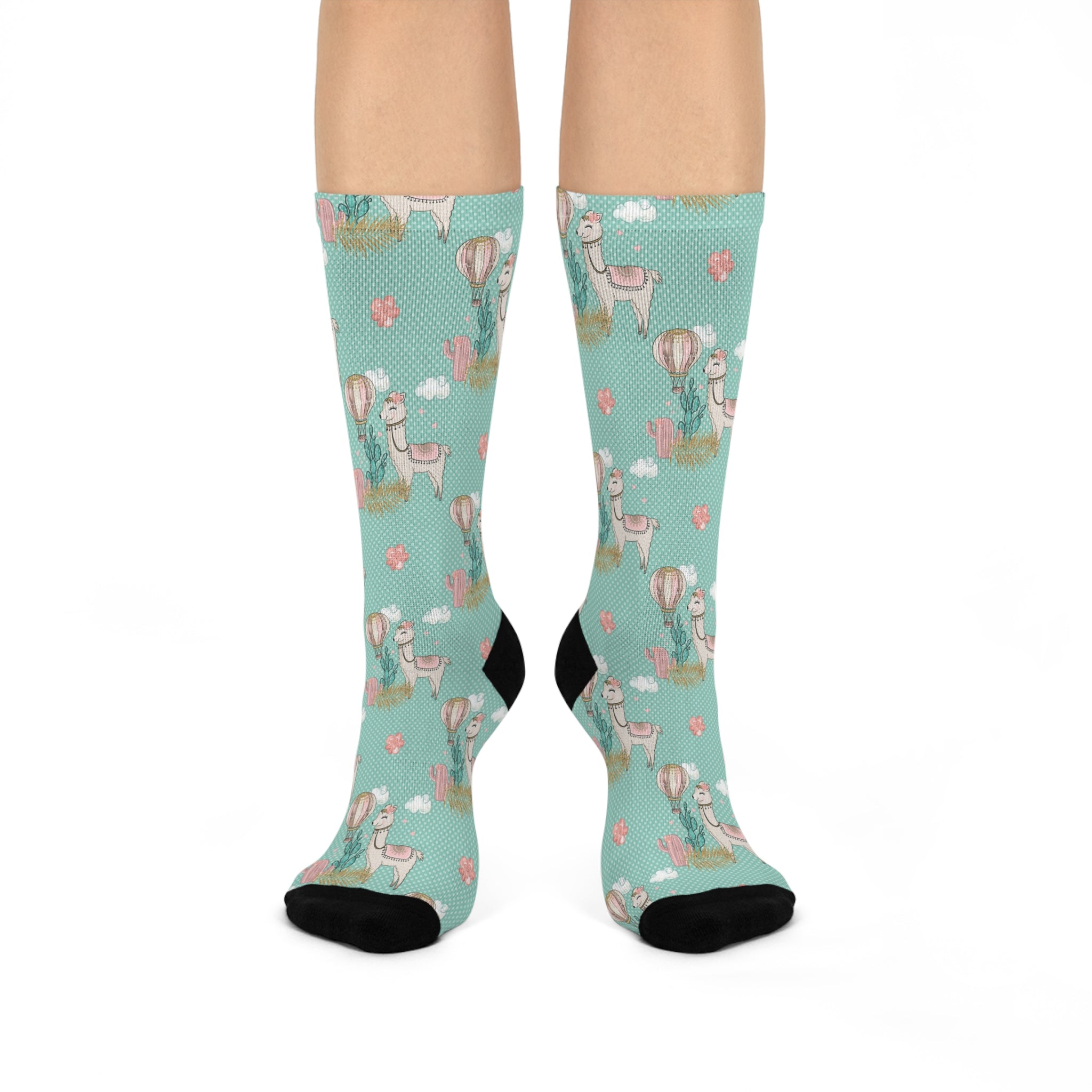 Ladies Green Lama and Cactus Cushioned Crew Socks