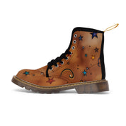 Women's Leather Look Brown With Stars Canvas Boots