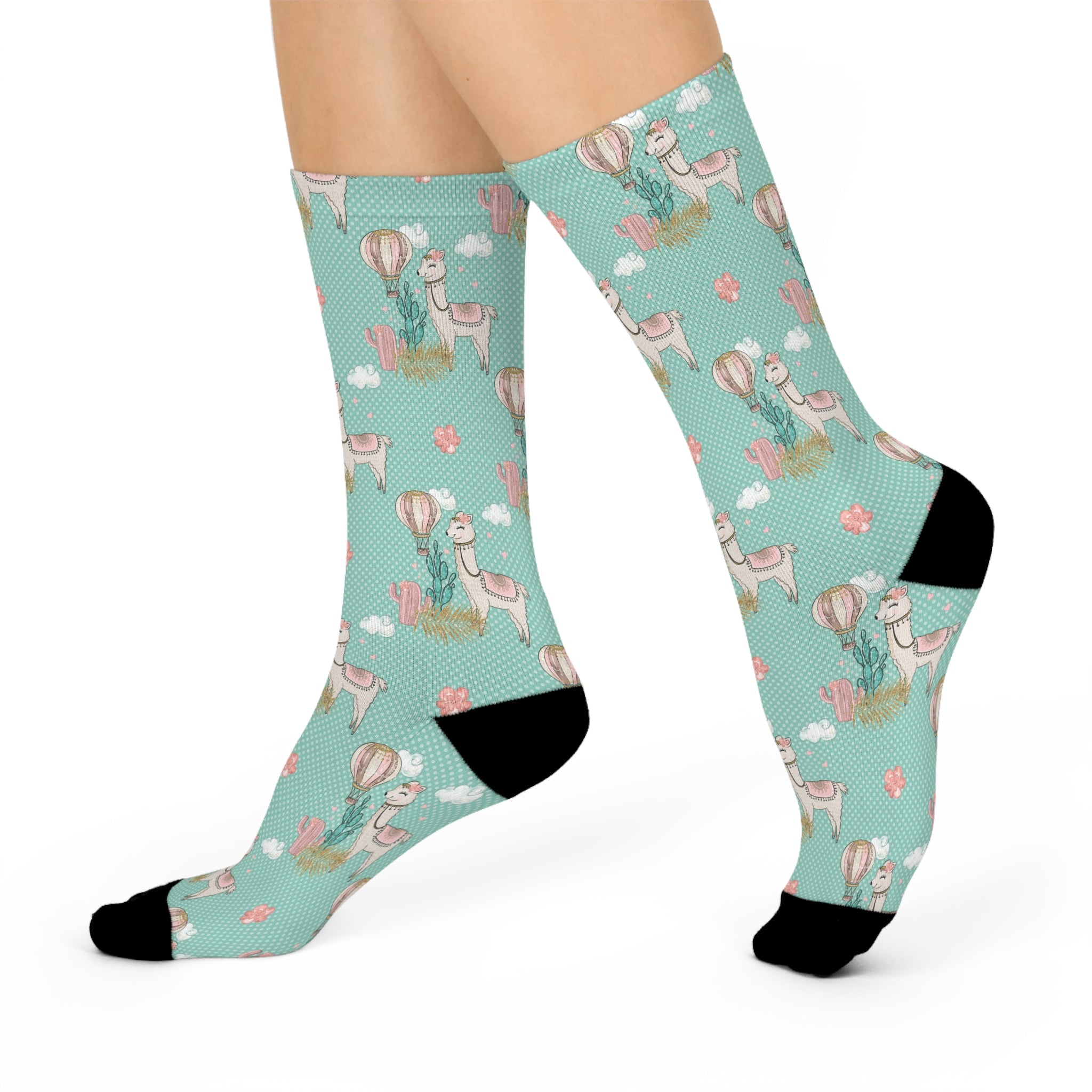 Ladies Green Lama and Cactus Cushioned Crew Socks