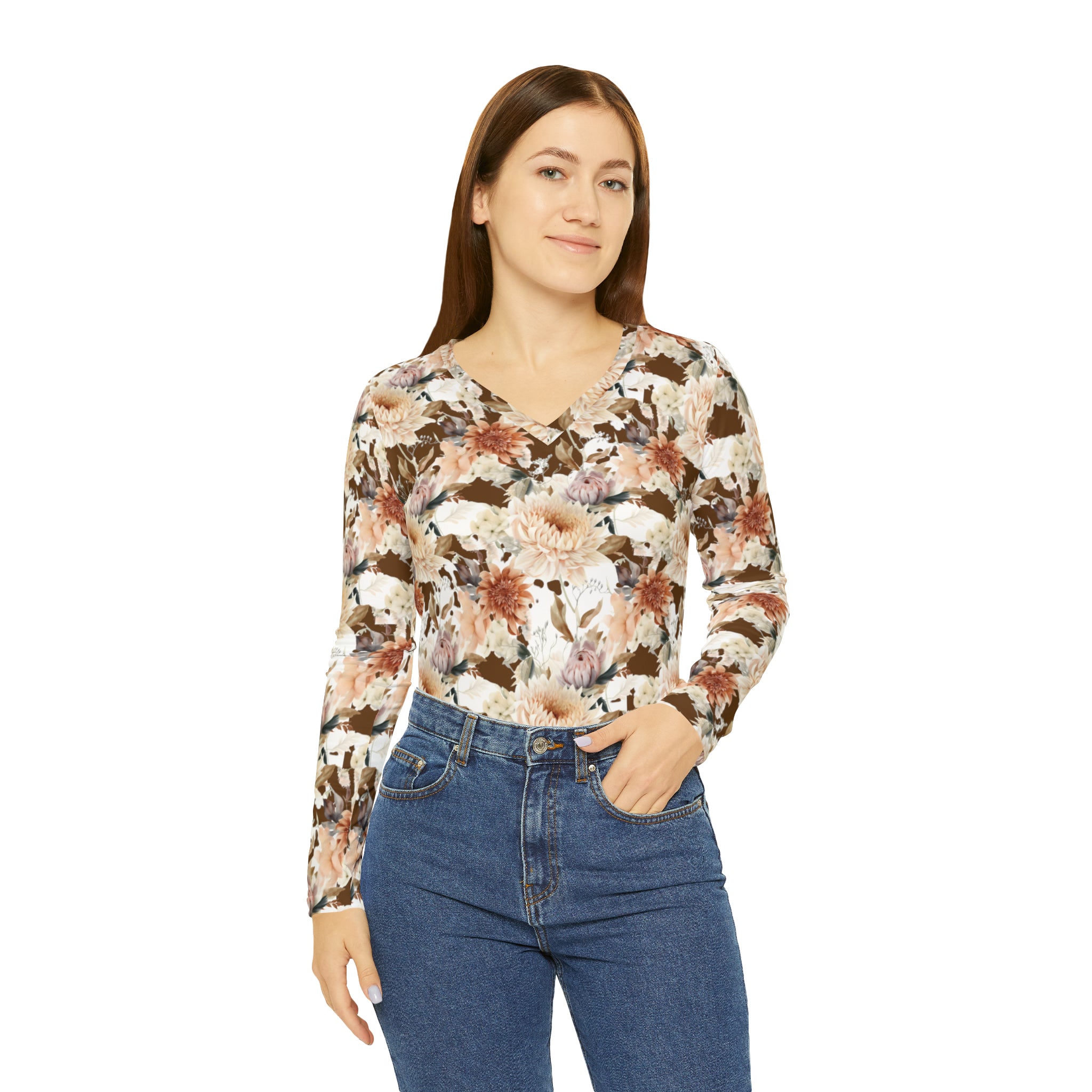 Lovely Fall Floral Women's Long Sleeve V-neck Shirt (AOP)