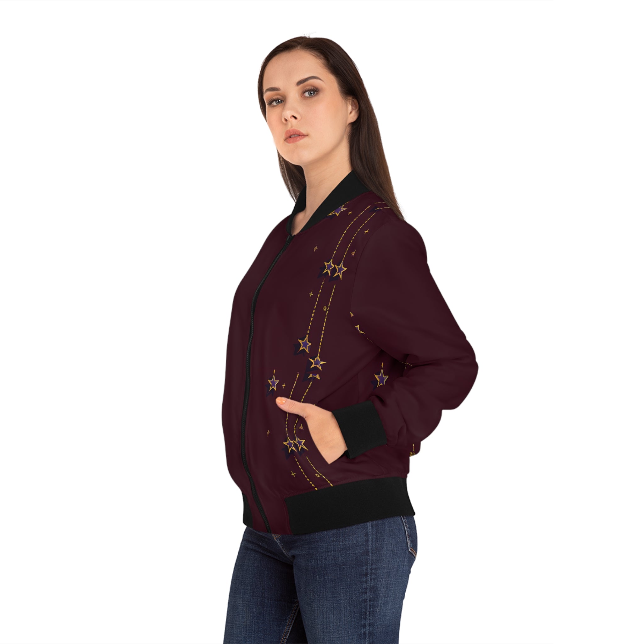 Cool Burgundy Star Women's Bomber Jacket (AOP)