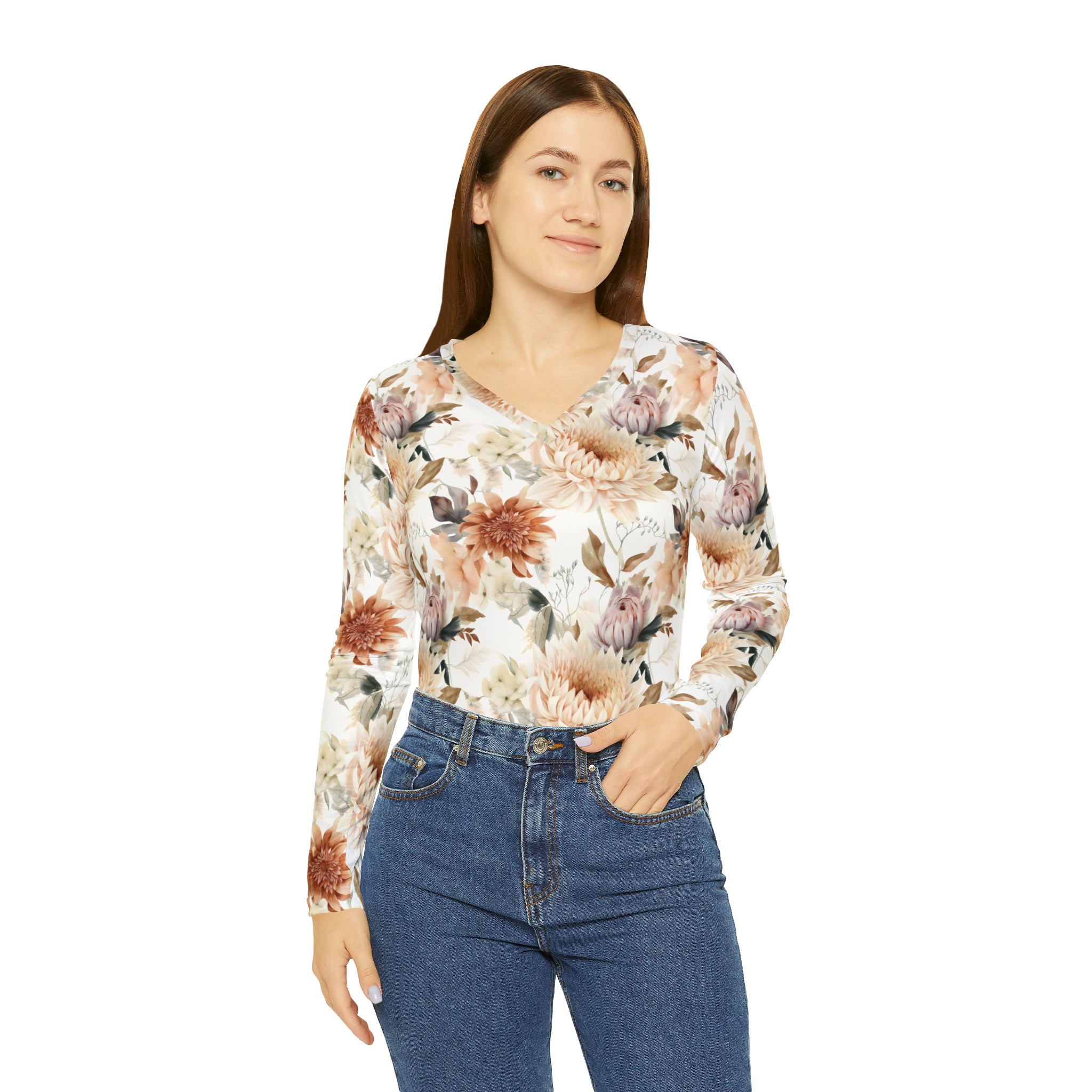 Lovely Fall Floral Women's Long Sleeve V-neck Shirt (AOP)