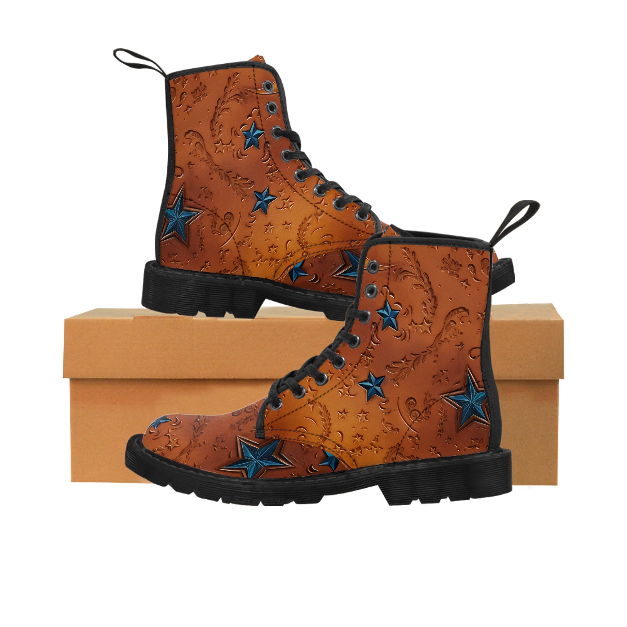 Women's Leather Look Brown With Blue Stars Canvas Boots