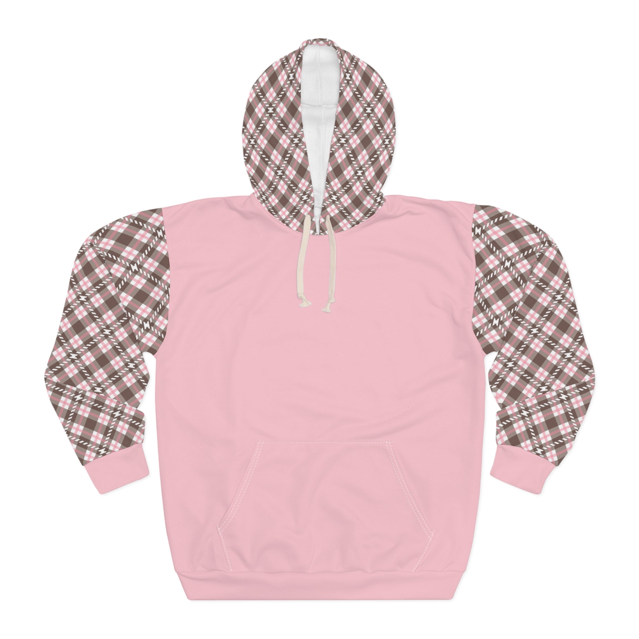 Women's Pink Plaid Warm Pullover Hoodie (AOP)