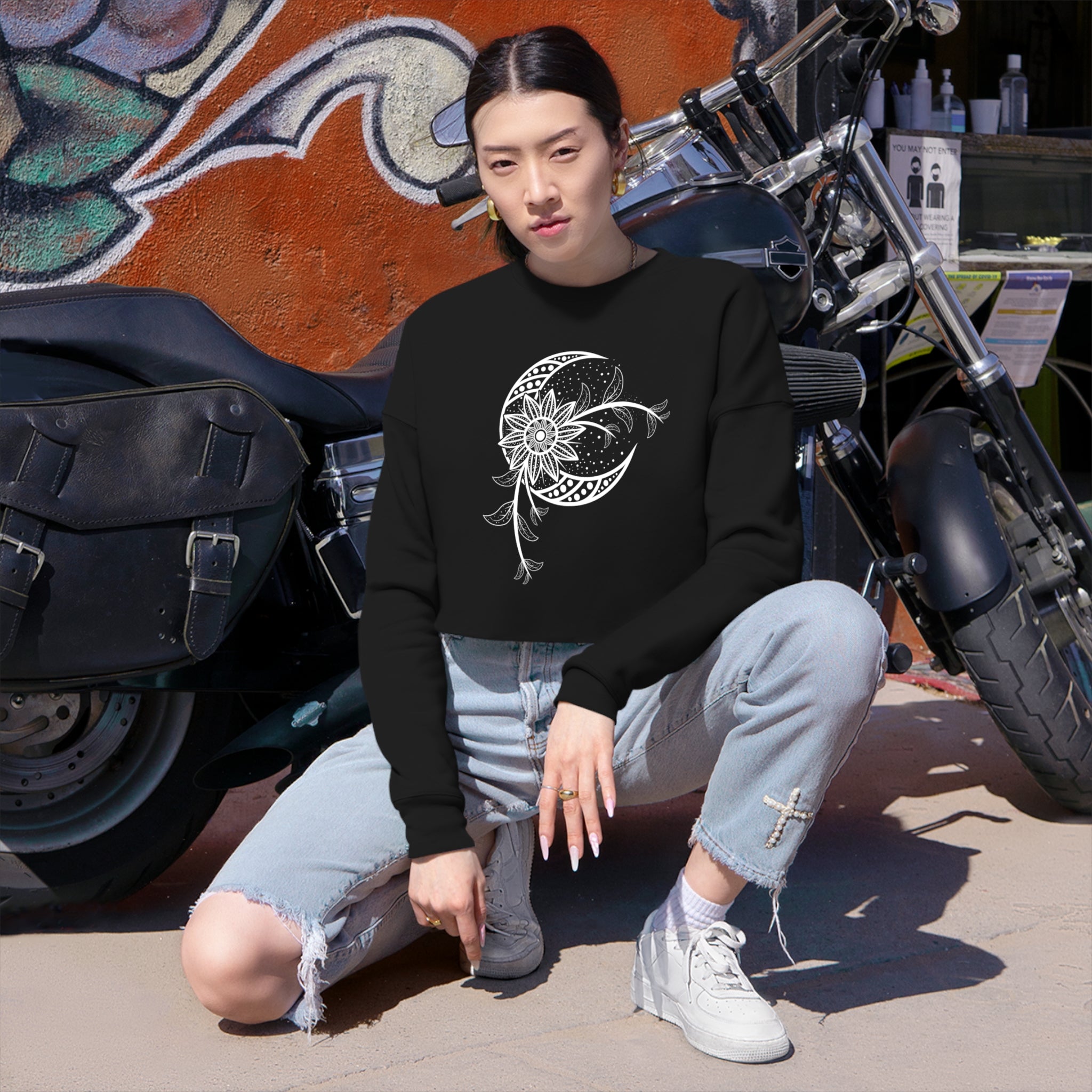 Hand Drawn Mystical Moon Flower Women's Cropped Sweatshirt