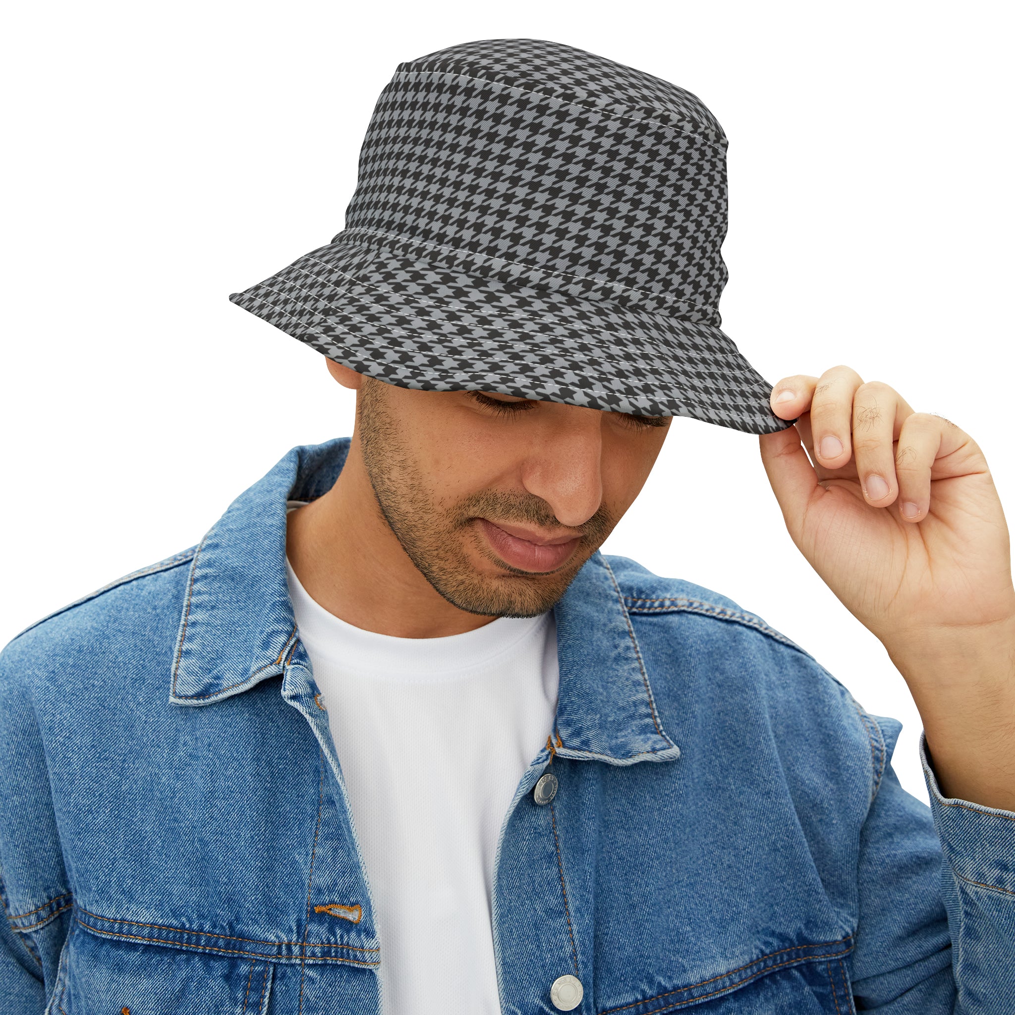Gray Houndstooth Bucket Hat (AOP)