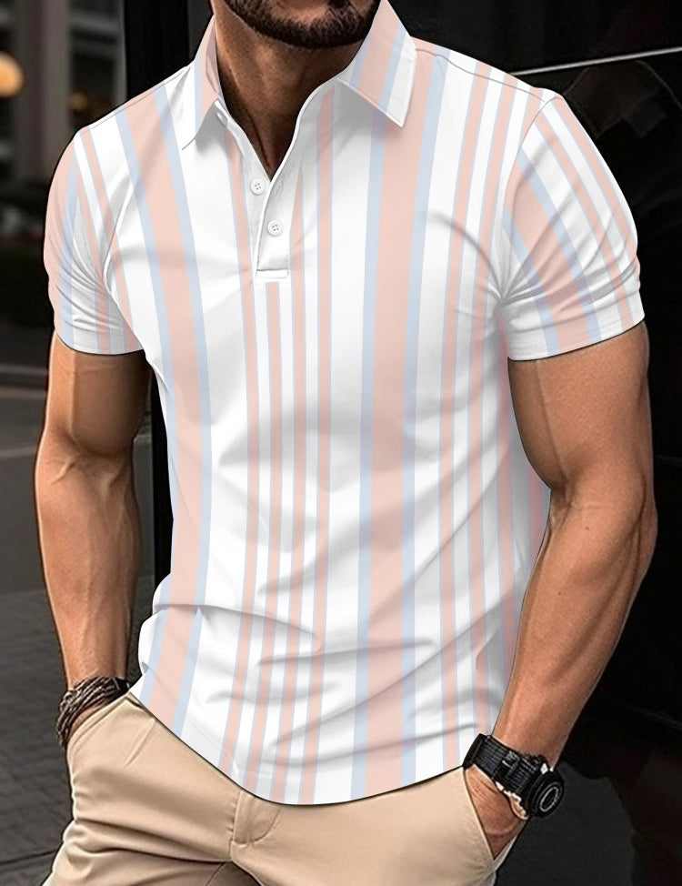 Men's Button Polo Shirt Striped Printed Short Sleeve