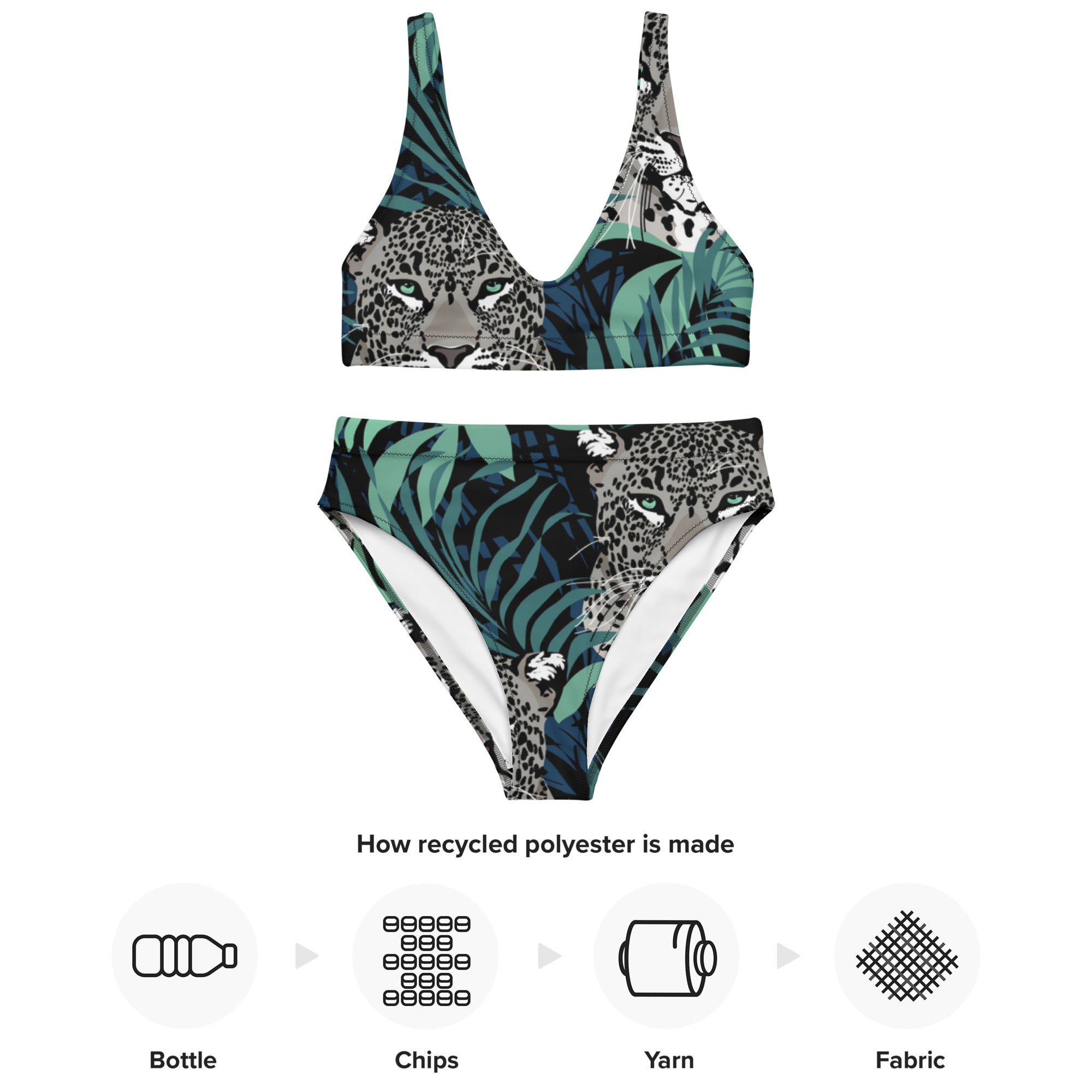 Fresh Designs Wild Cat Tropical Green & Black Recycled High-Waisted Bikini Swimsuit