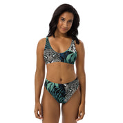 Fresh Designs Wild Cat Tropical Green & Black Recycled High-Waisted Bikini Swimsuit
