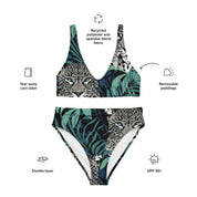 Fresh Designs Wild Cat Tropical Green & Black Recycled High-Waisted Bikini Swimsuit