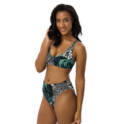 Fresh Designs Wild Cat Tropical Green & Black Recycled High-Waisted Bikini Swimsuit