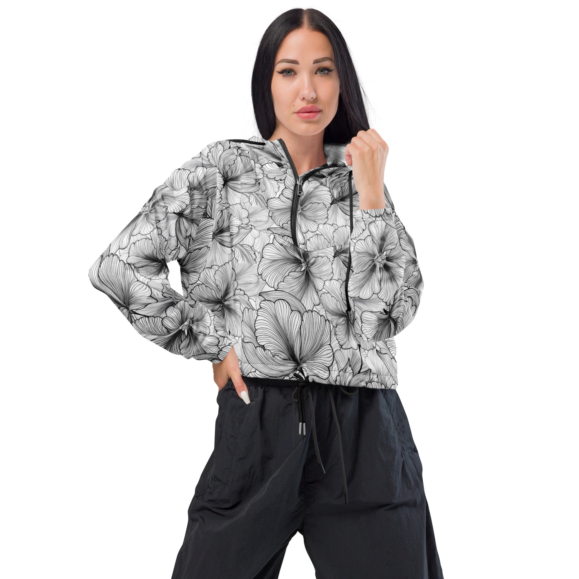 Black And White Floral Women’s Cropped Windbreaker