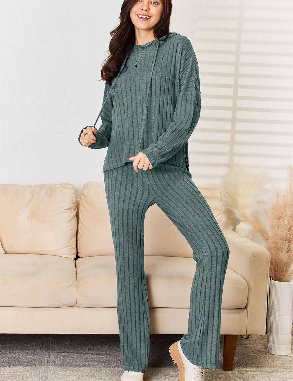 Basic Bae Full Size Ribbed Drawstring Hood Top and Straight Pants Set