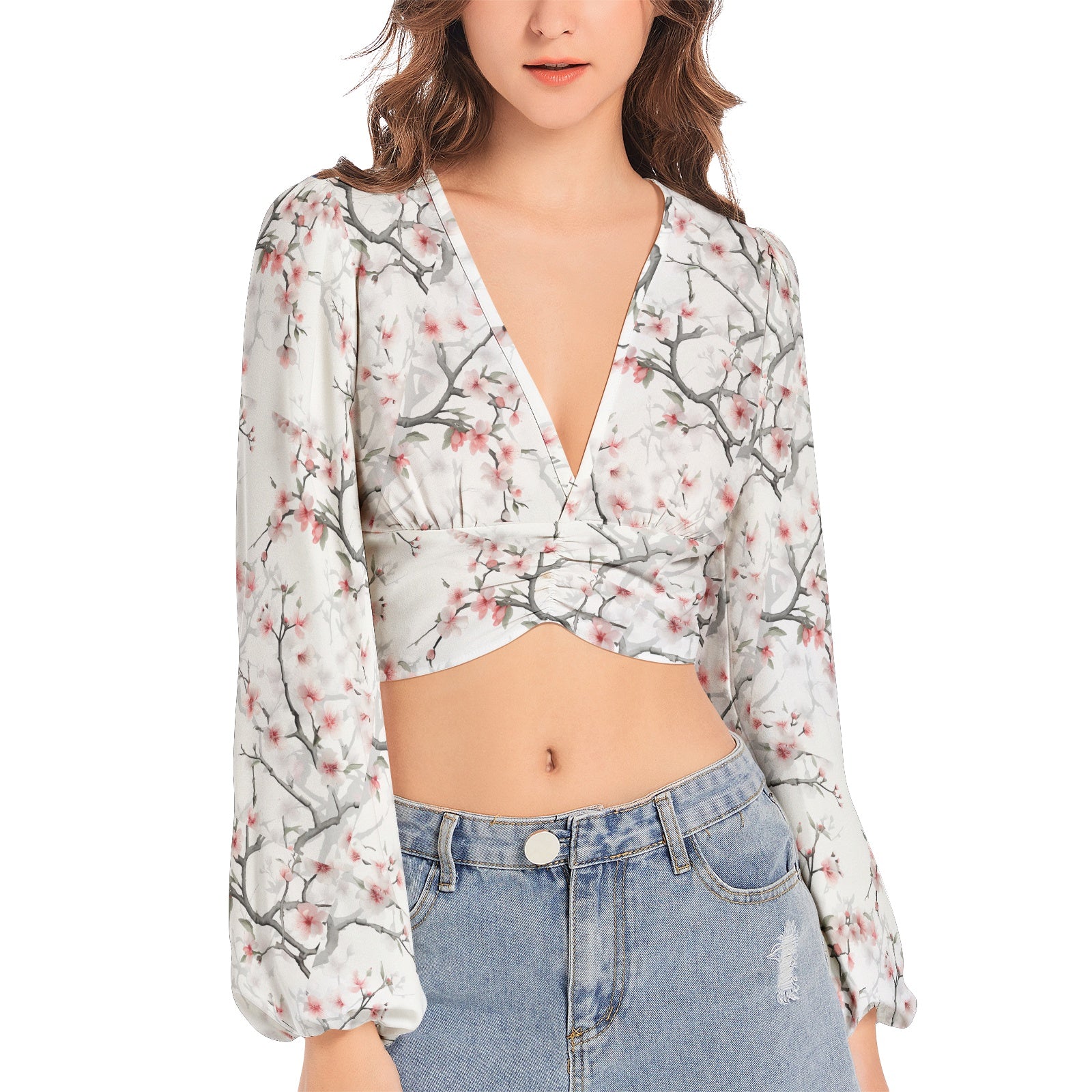 Women's Deep V-Neck Lantern Sleeve Crop Top
