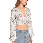 Women's Deep V-Neck Lantern Sleeve Crop Top
