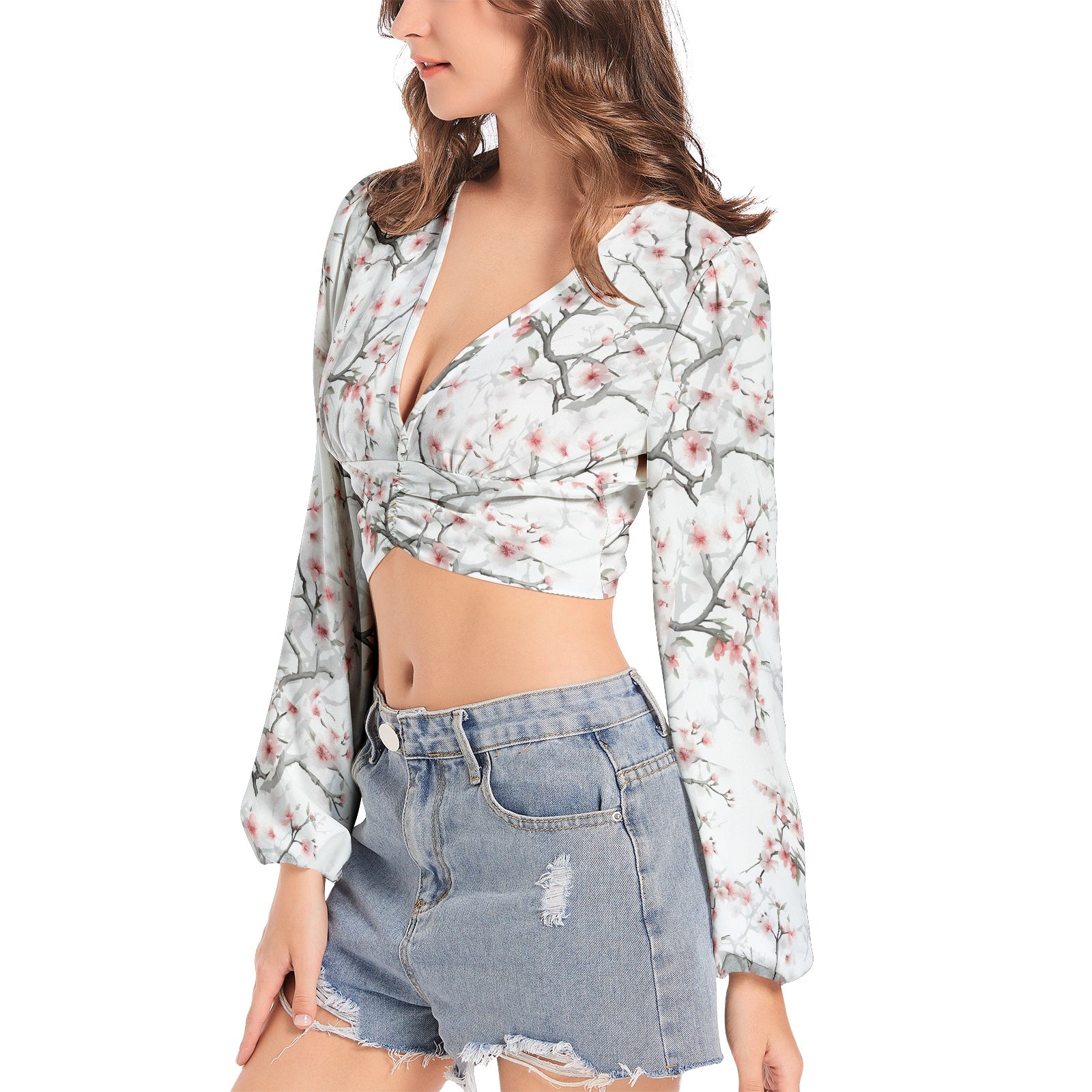 Women's Deep V-Neck Lantern Sleeve Crop Top