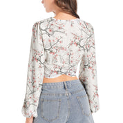 Women's Deep V-Neck Lantern Sleeve Crop Top