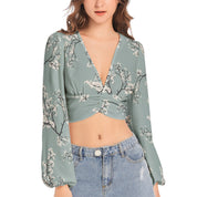 Women's Floral Deep V-Neck Lantern Sleeve Crop Top