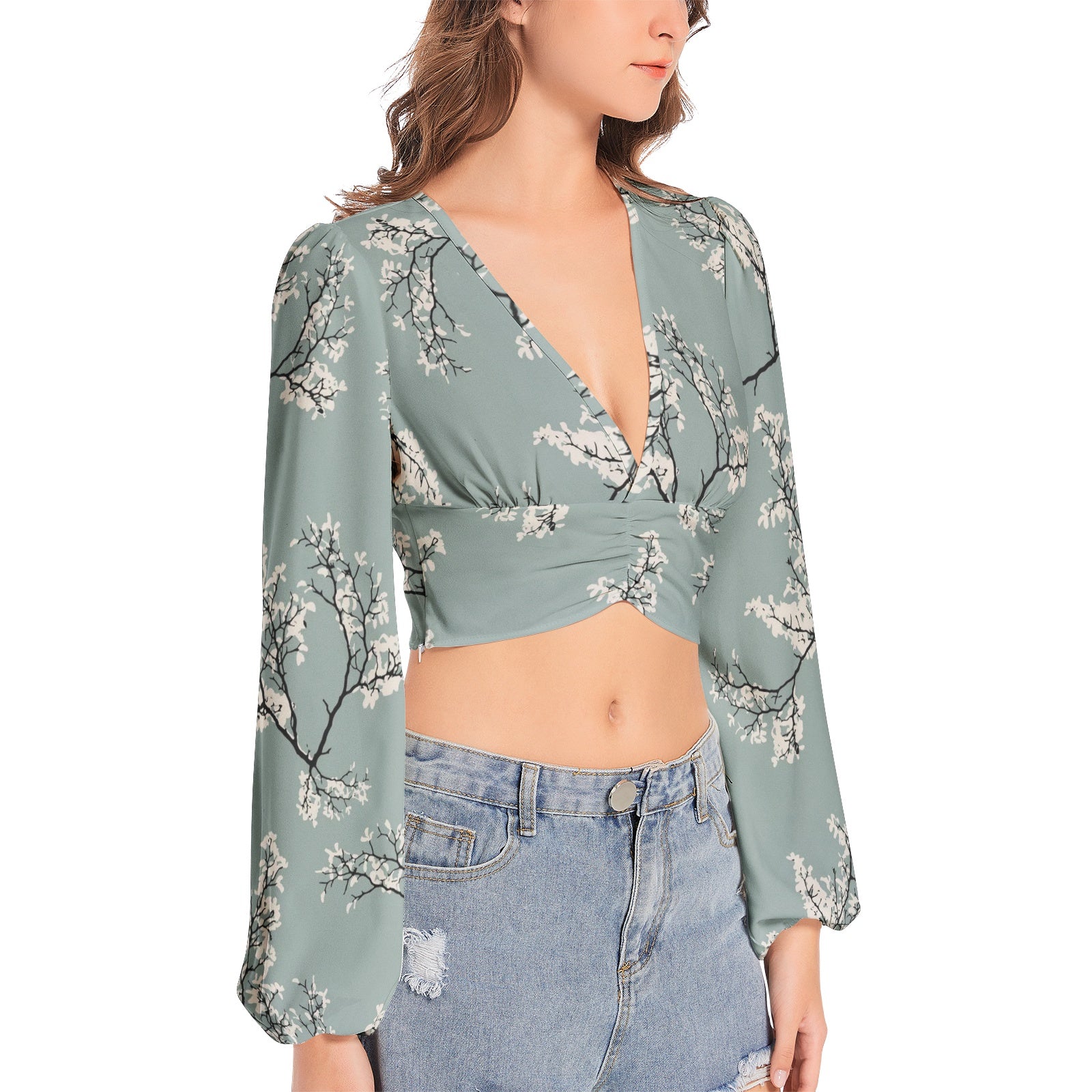 Women's Floral Deep V-Neck Lantern Sleeve Crop Top