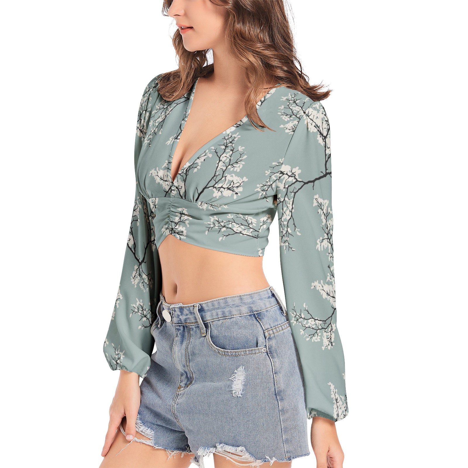 Women's Floral Deep V-Neck Lantern Sleeve Crop Top