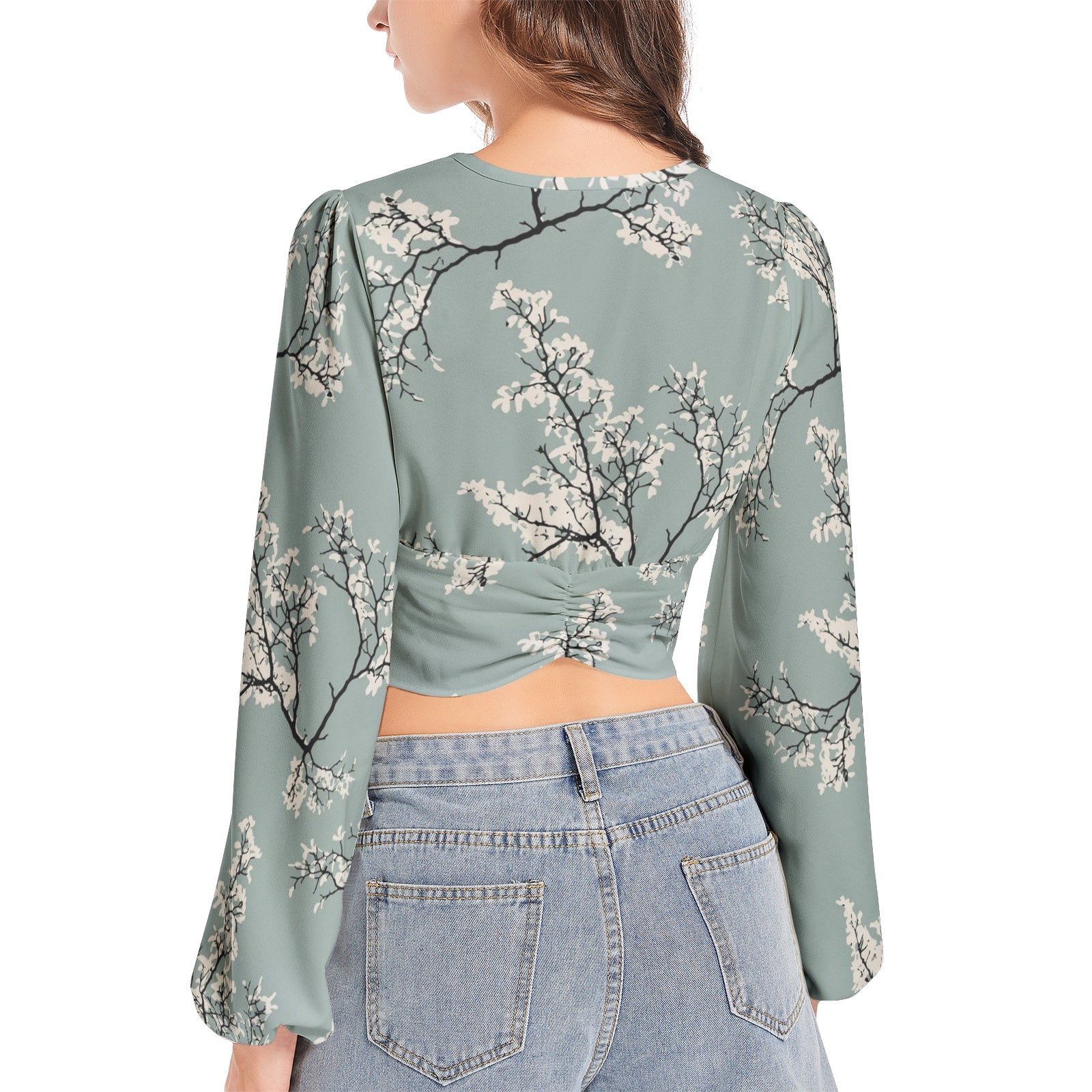Women's Floral Deep V-Neck Lantern Sleeve Crop Top