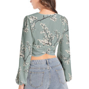 Women's Floral Deep V-Neck Lantern Sleeve Crop Top