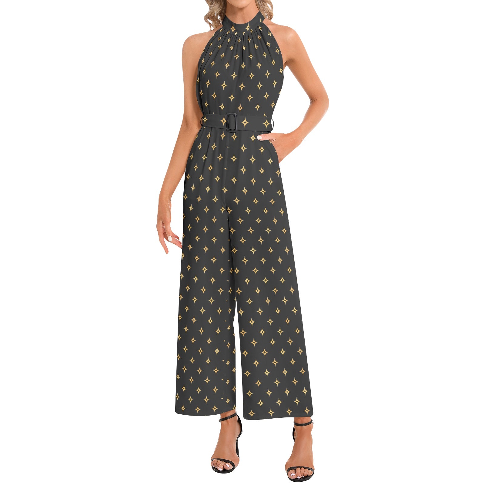 Black And Gold Halter Neck Buckle Belted Jumpsuit