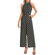 Black And Gold Halter Neck Buckle Belted Jumpsuit