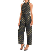 Black And Gold Halter Neck Buckle Belted Jumpsuit