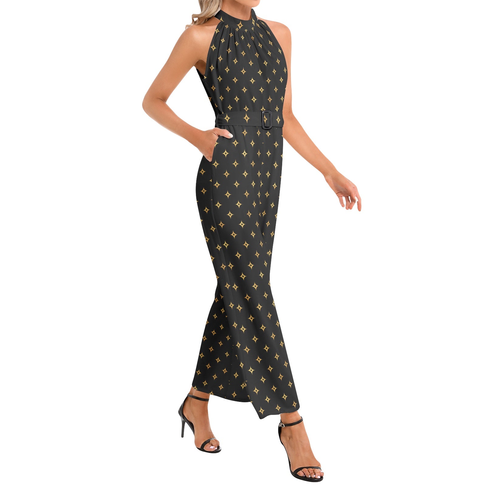 Black And Gold Halter Neck Buckle Belted Jumpsuit