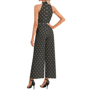 Black And Gold Halter Neck Buckle Belted Jumpsuit
