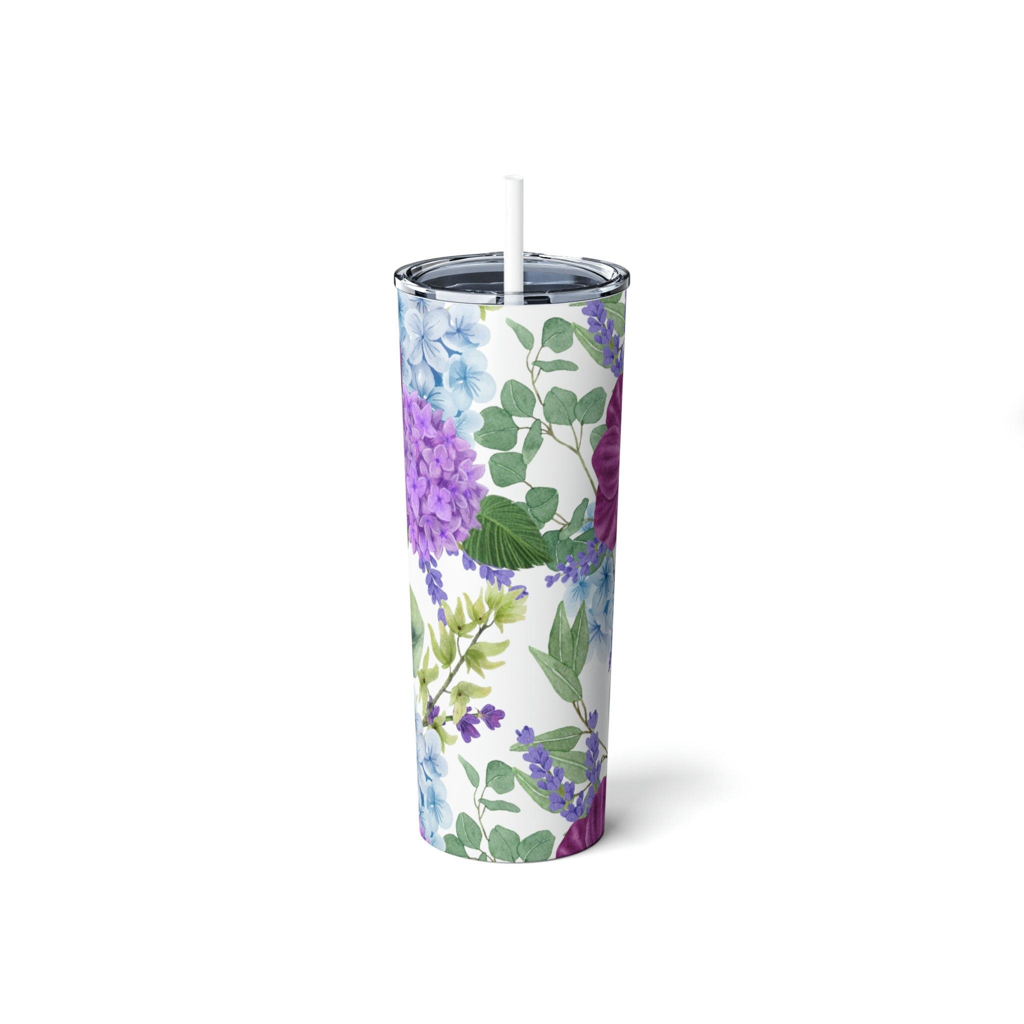 Steel Tumbler 20 oz Skinny with Straw, 20oz Purple Floral Mothers Day Gift Idea