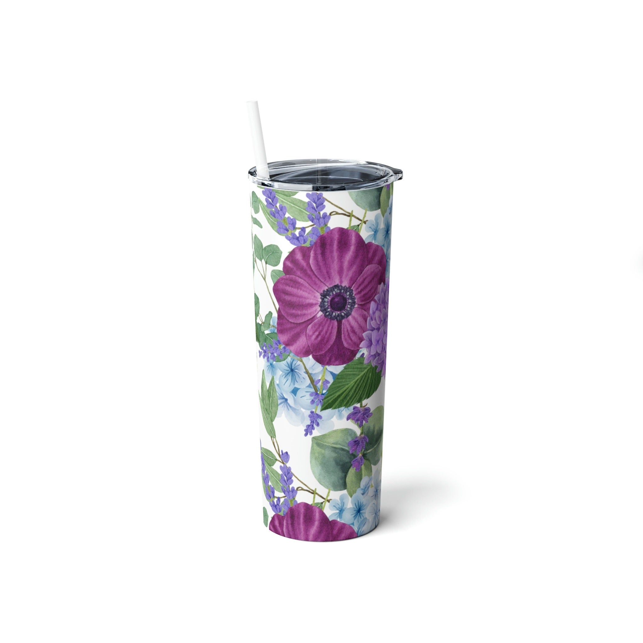 Steel Tumbler 20 oz Skinny with Straw, 20oz Purple Floral Mothers Day Gift Idea