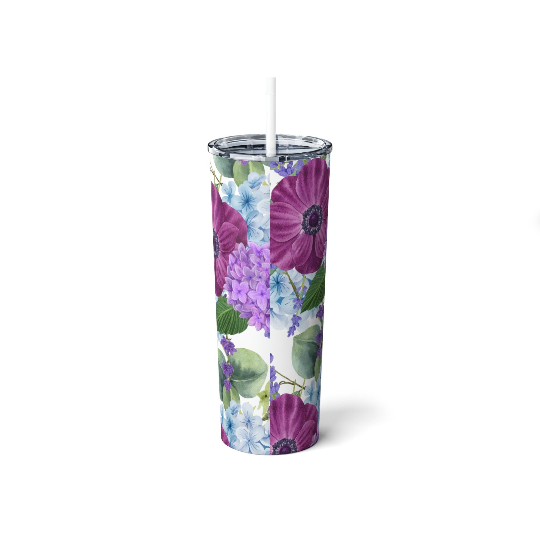 Steel Tumbler 20 oz Skinny with Straw, 20oz Purple Floral Mothers Day Gift Idea