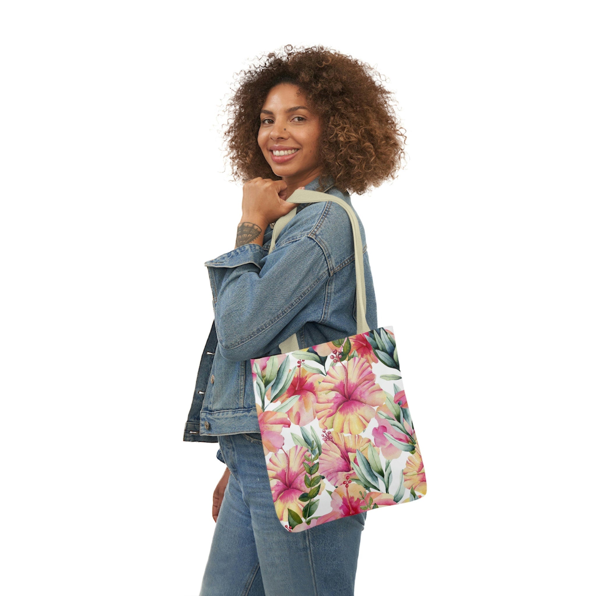 Tote Bag Polyester Canvas Lightweight Durable Pink Floral