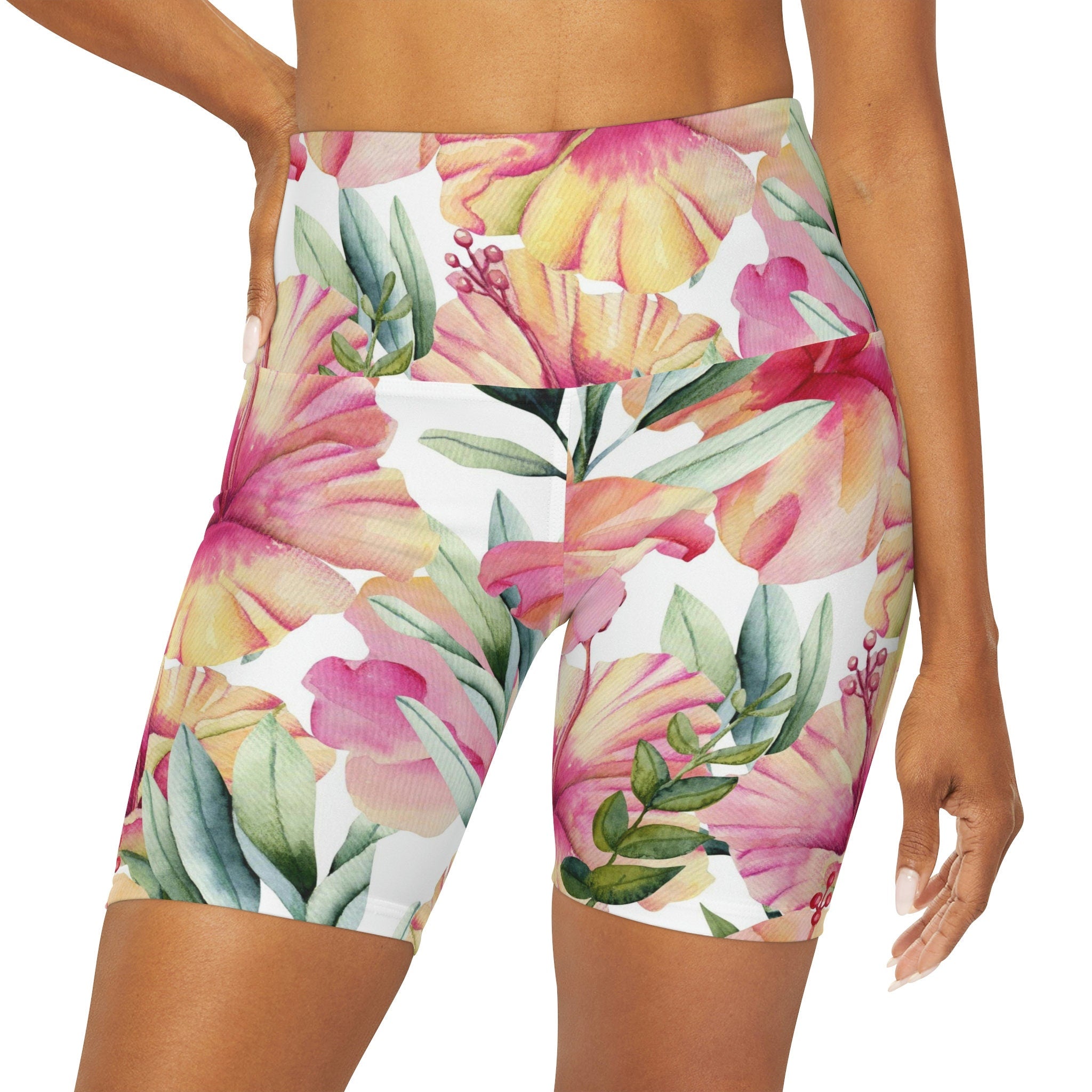 Shorts High Waisted Yoga Super Soft Microfiber Polyester Spandex Pink Floral