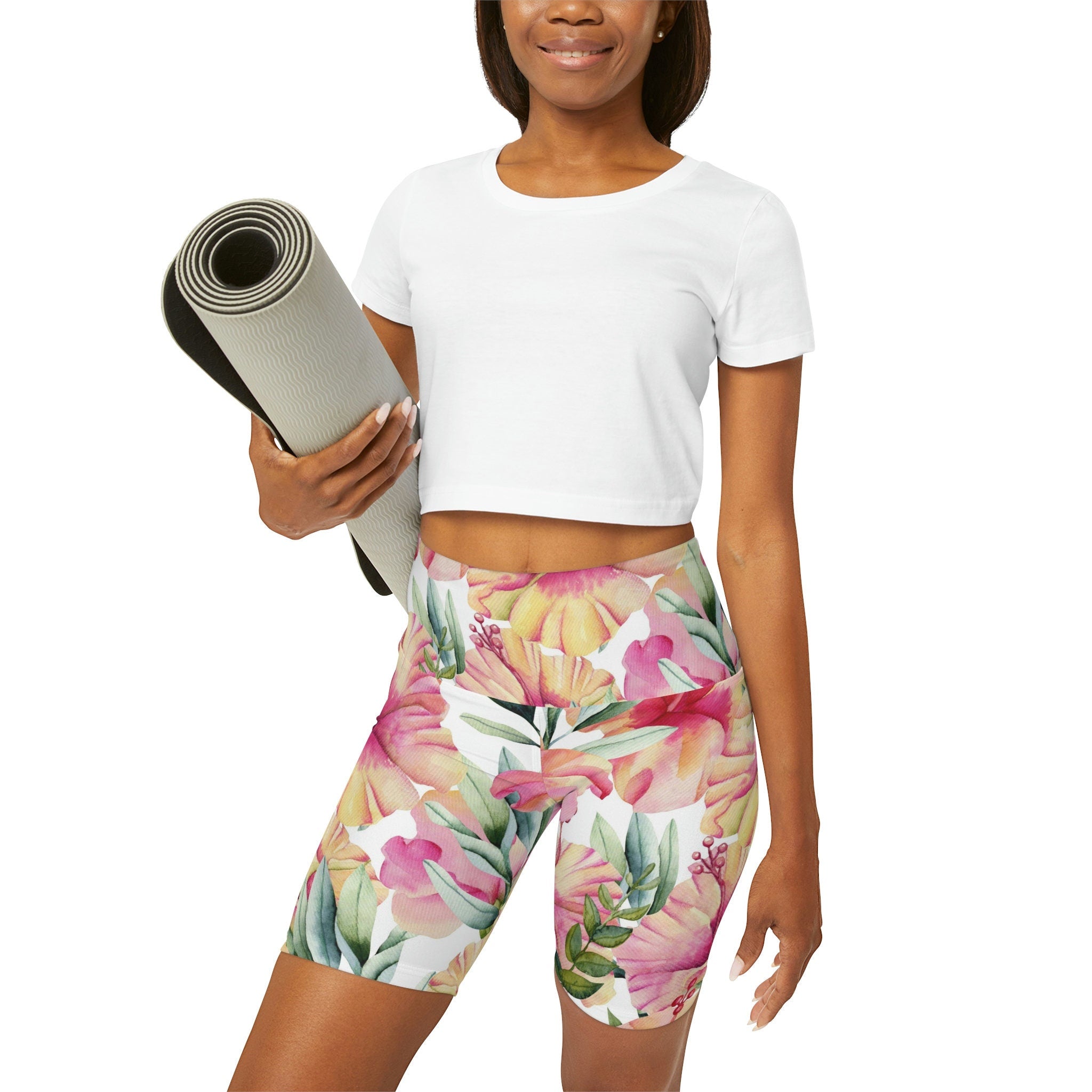 Shorts High Waisted Yoga Super Soft Microfiber Polyester Spandex Pink Floral