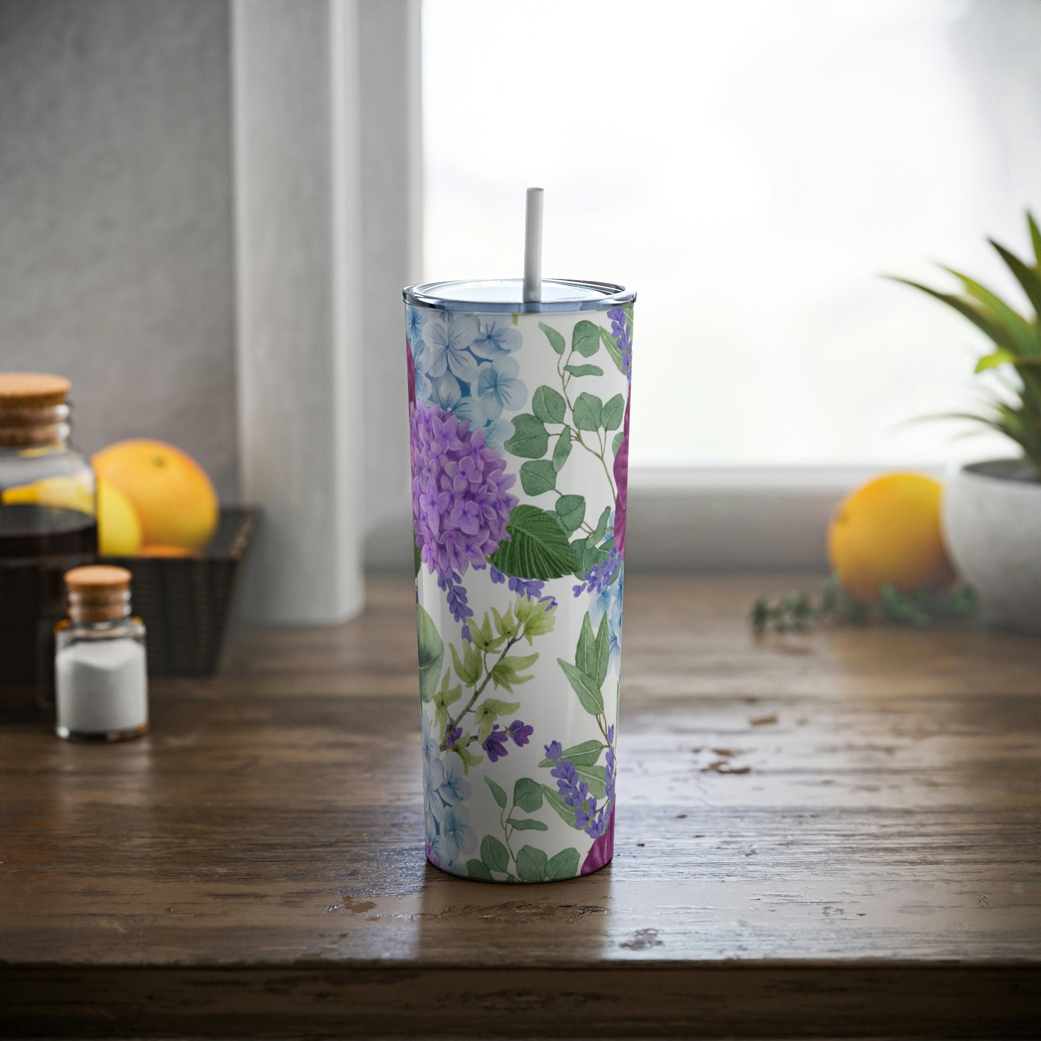 Steel Tumbler 20 oz Skinny with Straw, 20oz Purple Floral Mothers Day Gift Idea