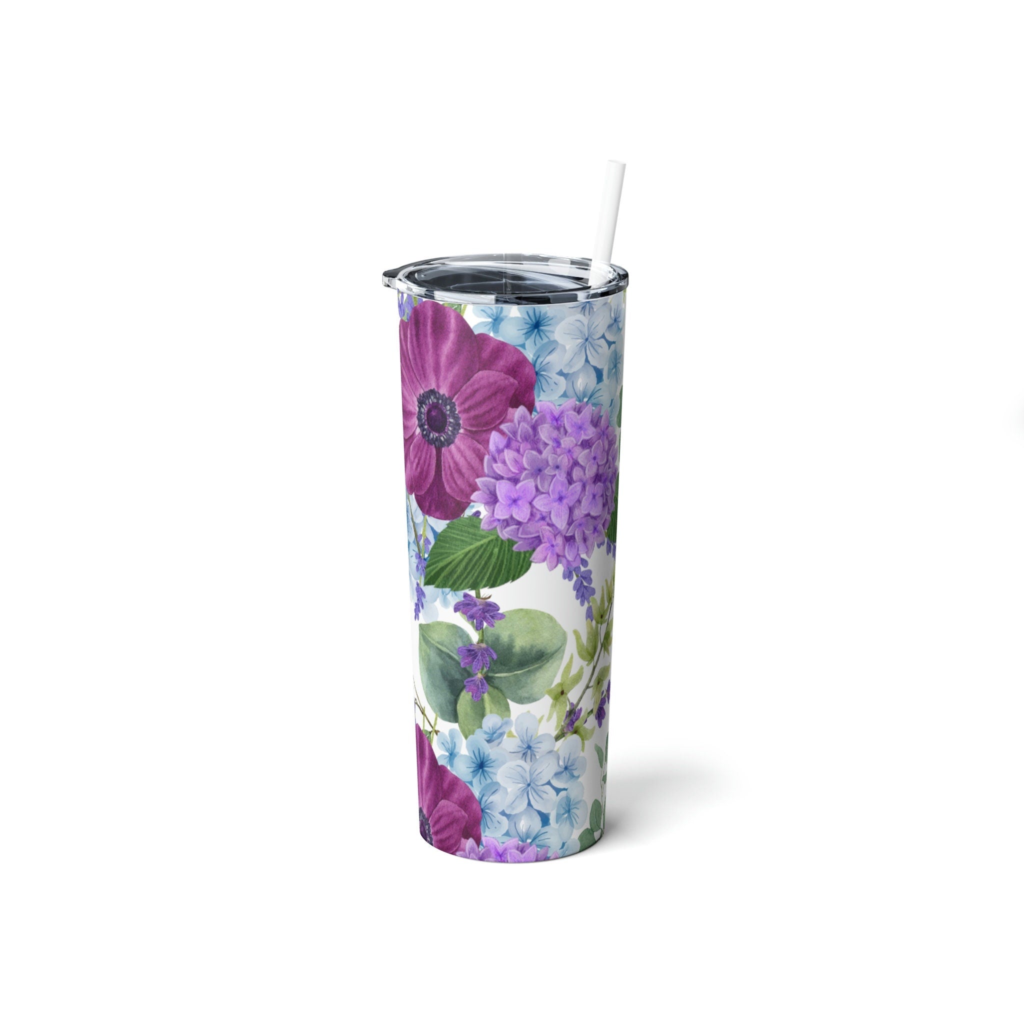 Steel Tumbler 20 oz Skinny with Straw, 20oz Purple Floral Mothers Day Gift Idea