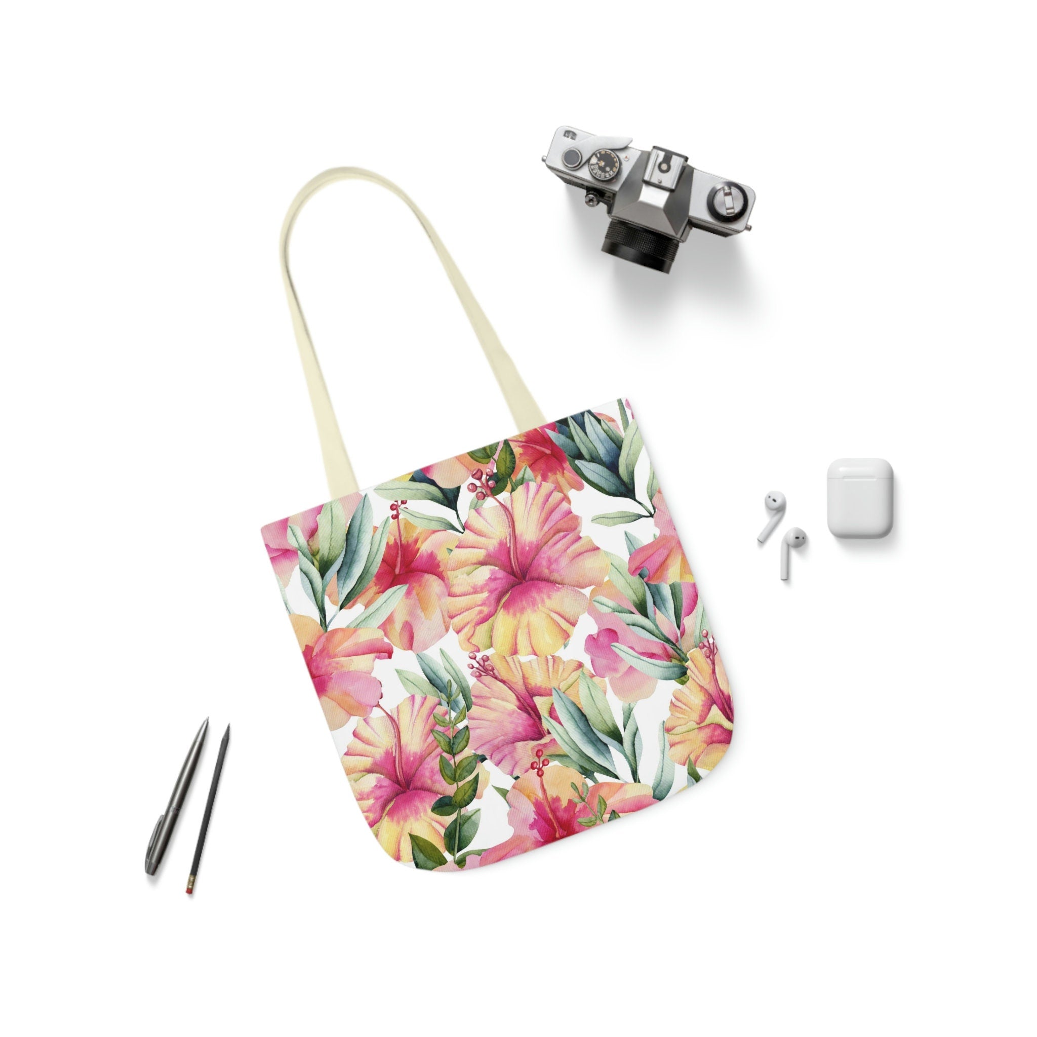 Tote Bag Polyester Canvas Lightweight Durable Pink Floral